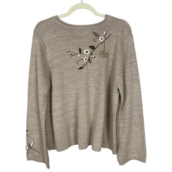 Coldwater Creek Embroidered Button Front Cardigan Sweater Beige Sz Large Holiday - Picture 9 of 14